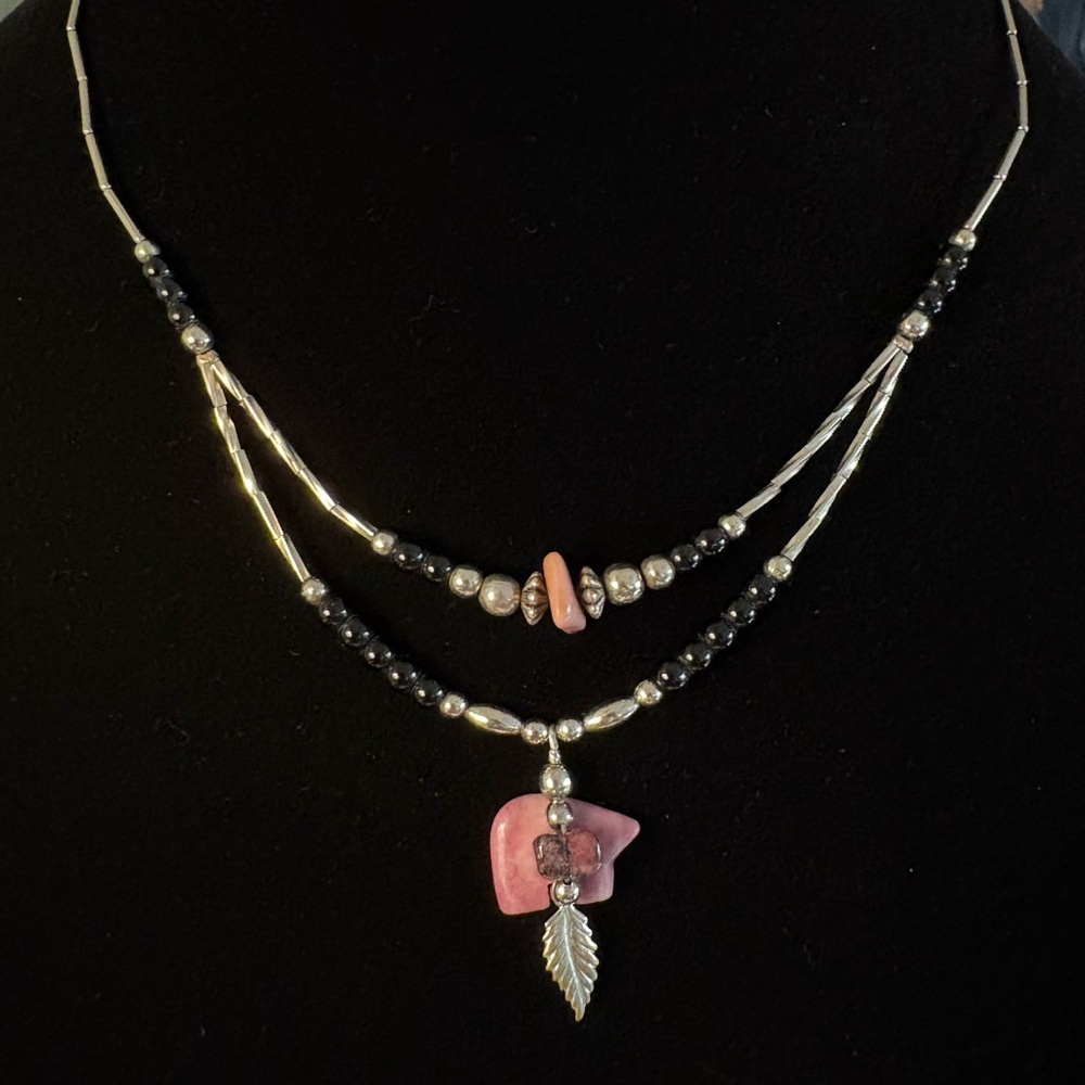 Beaded Layered Necklace Stone Bear and Feather Pendant